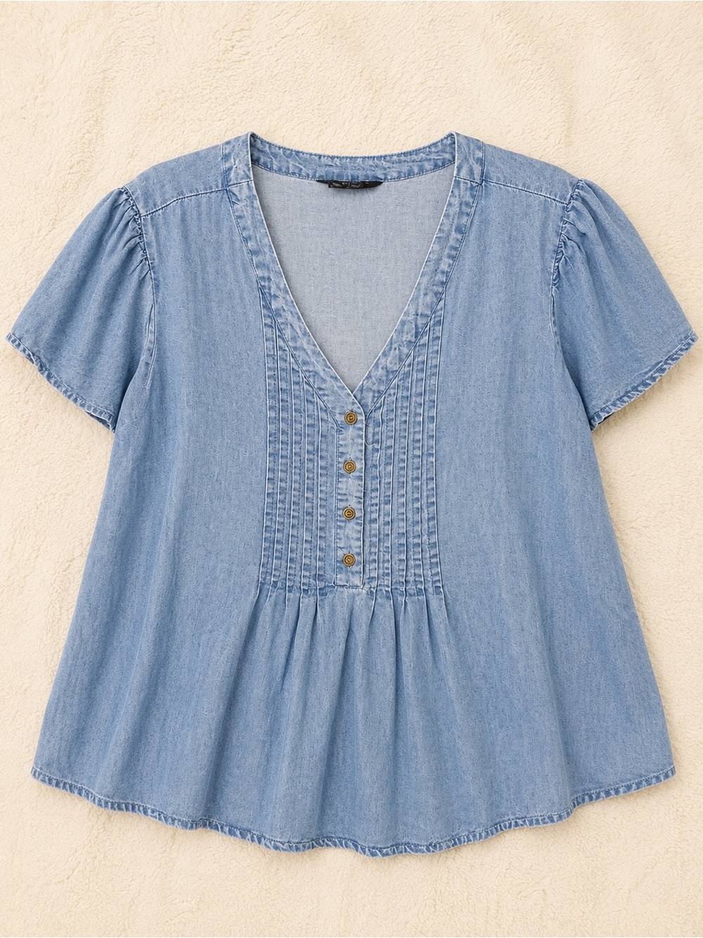 Light Blue Denim V-Neck Pintuck Peplum Blouse - Women